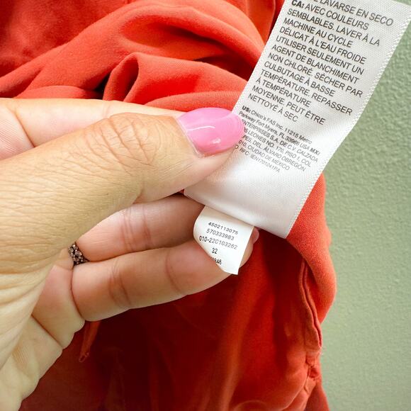 Chico's Rust Red Orange Sand Wash Satin Button Front Pocket Shirt - Size 2 or L - Picture 5 of 8